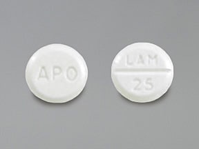 This medicine is a white, round, scored tablet imprinted with "LAM 25&...
